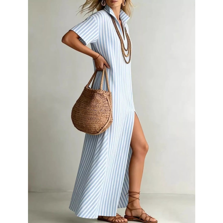 Full Size Striped Maxi Dress with Side Slit Plus SIze Apparel and Accessories