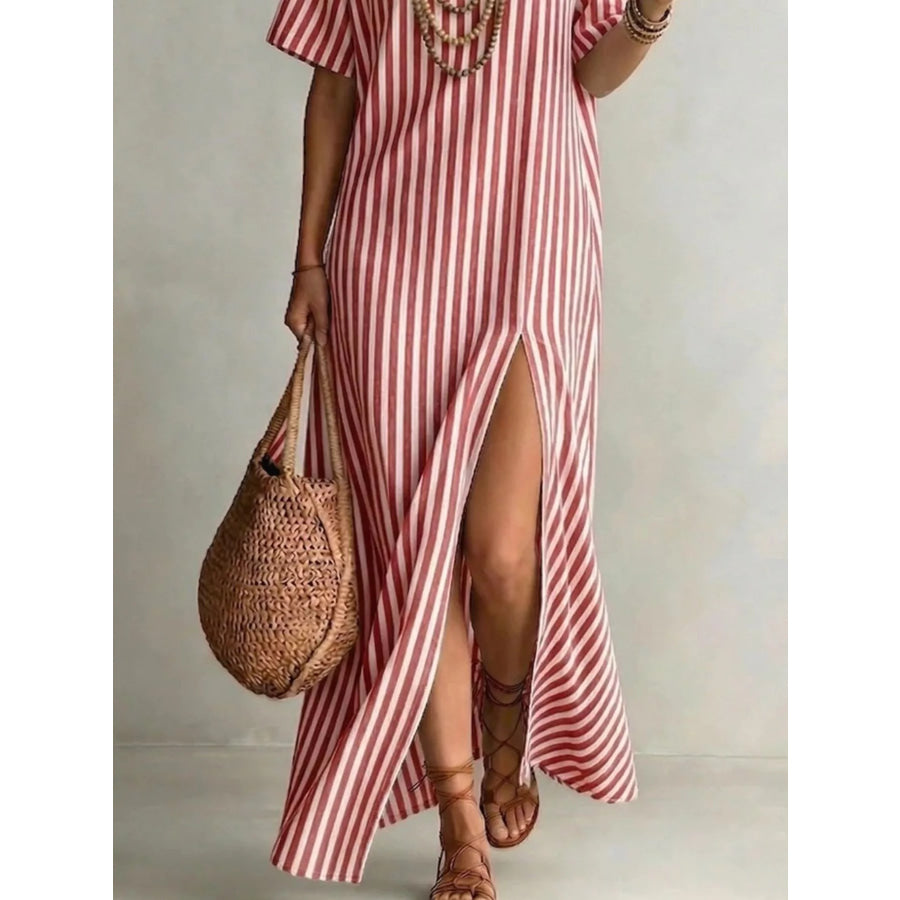 Full Size Striped Maxi Dress with Side Slit Plus SIze Apparel and Accessories