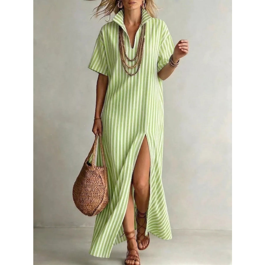 Full Size Striped Maxi Dress with Side Slit Plus SIze Green / S Apparel and Accessories