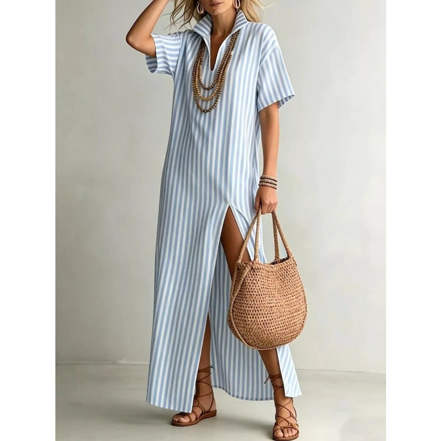 Full Size Striped Maxi Dress with Side Slit Plus SIze Light Blue / S Apparel and Accessories