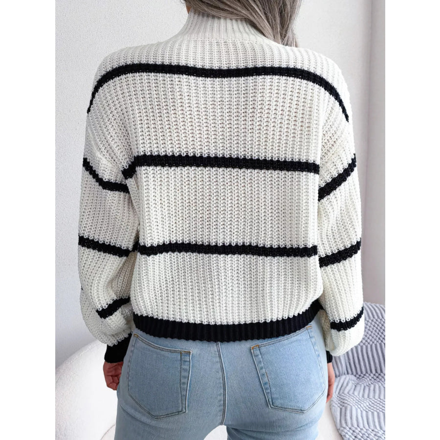 Full Size Striped Mock Neck Knit Sweater Plus Size Apparel and Accessories