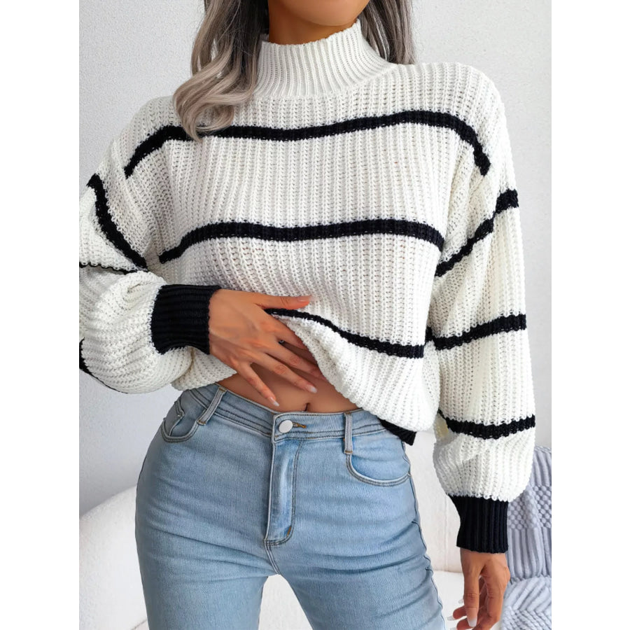 Full Size Striped Mock Neck Knit Sweater Plus Size Apparel and Accessories