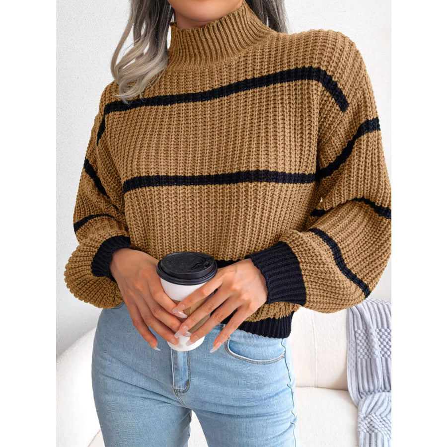 Full Size Striped Mock Neck Knit Sweater Plus Size Apparel and Accessories