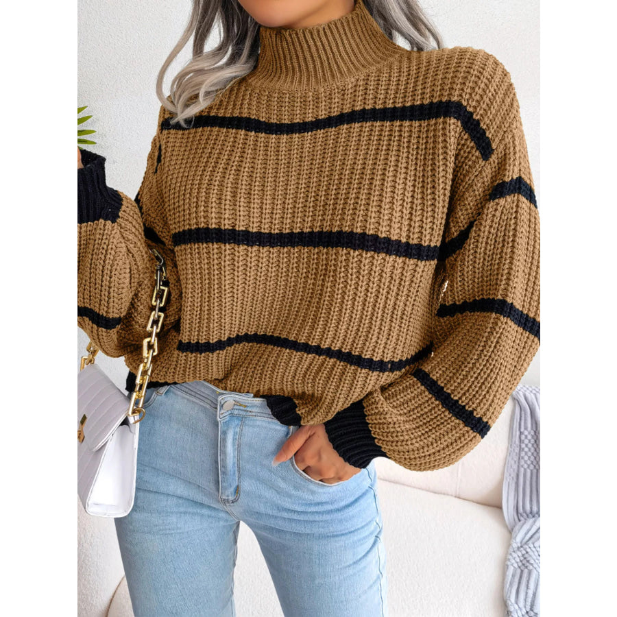 Full Size Striped Mock Neck Knit Sweater Plus Size Apparel and Accessories