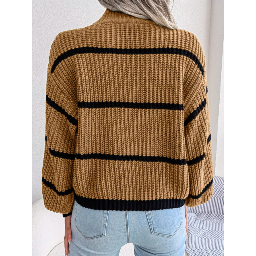 Full Size Striped Mock Neck Knit Sweater Plus Size Apparel and Accessories