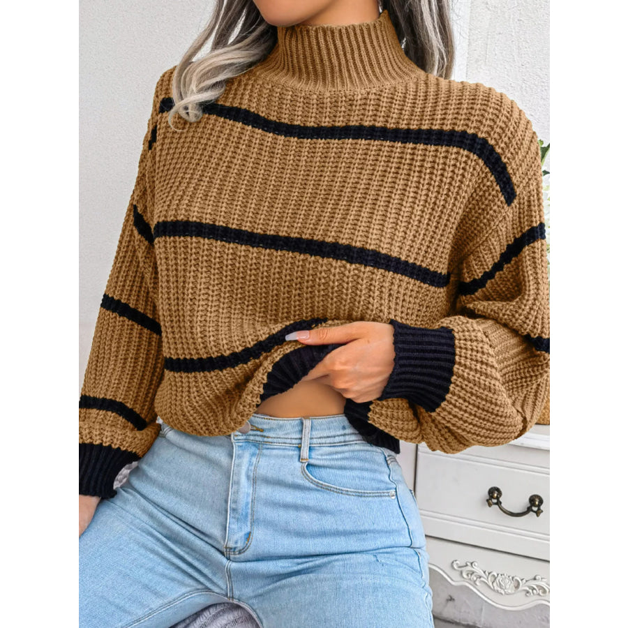 Full Size Striped Mock Neck Knit Sweater Plus Size Apparel and Accessories