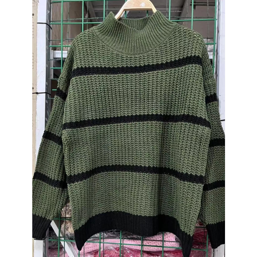 Full Size Striped Mock Neck Knit Sweater Plus Size Apparel and Accessories