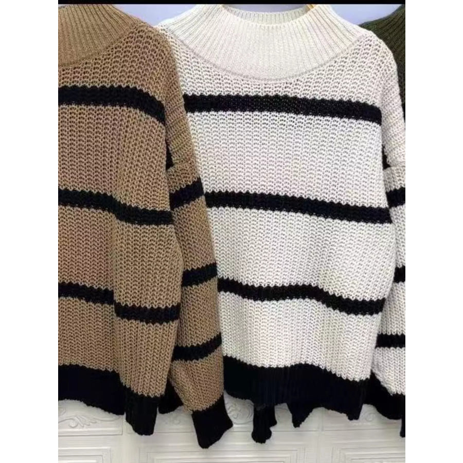 Full Size Striped Mock Neck Knit Sweater Plus Size Apparel and Accessories