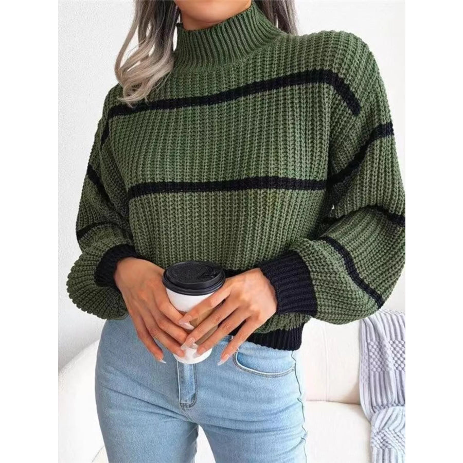 Full Size Striped Mock Neck Knit Sweater Plus Size Apparel and Accessories
