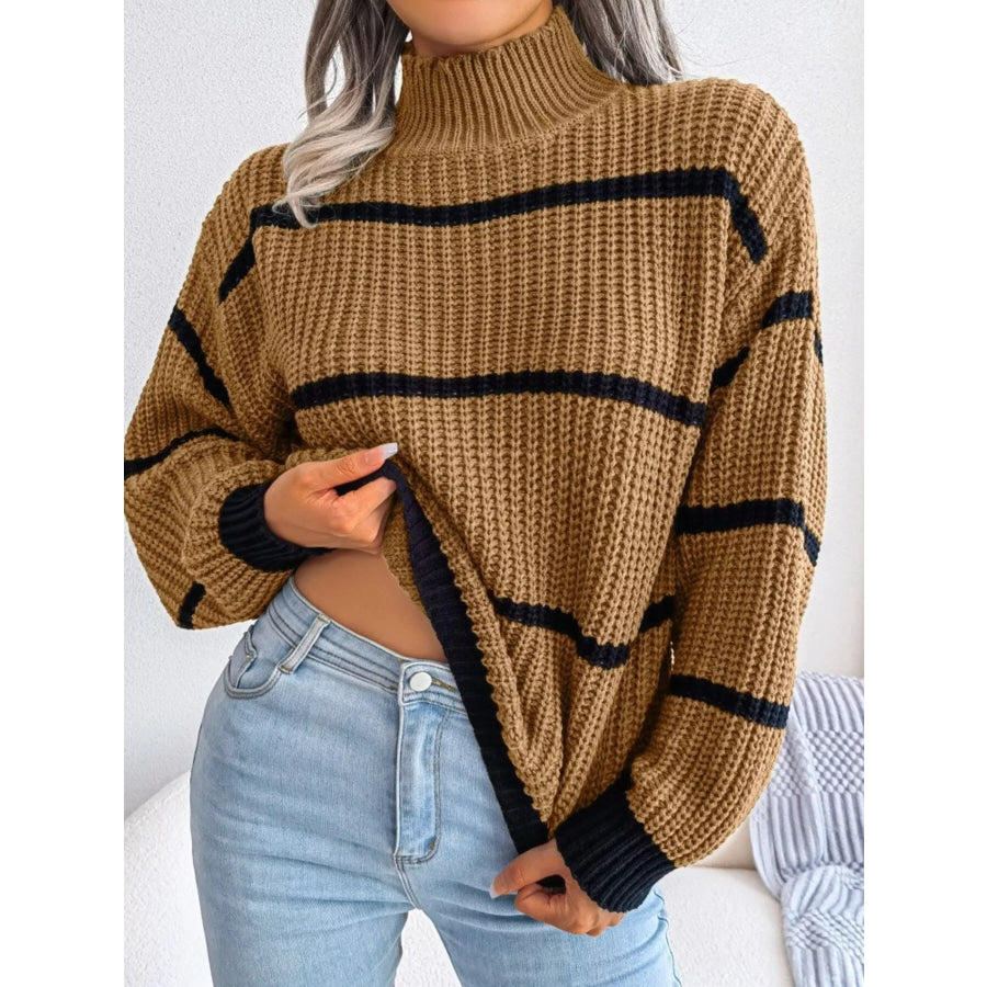 Full Size Striped Mock Neck Knit Sweater Plus Size Brown / S Apparel and Accessories