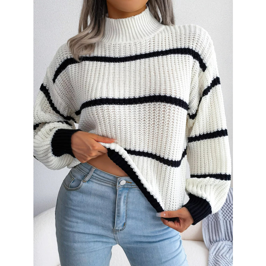 Full Size Striped Mock Neck Knit Sweater Plus Size White / S Apparel and Accessories