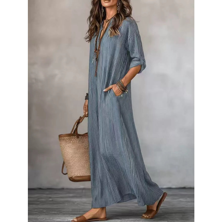 Full Size Striped Notched Maxi Dress with Pockets Plus Size Apparel and Accessories