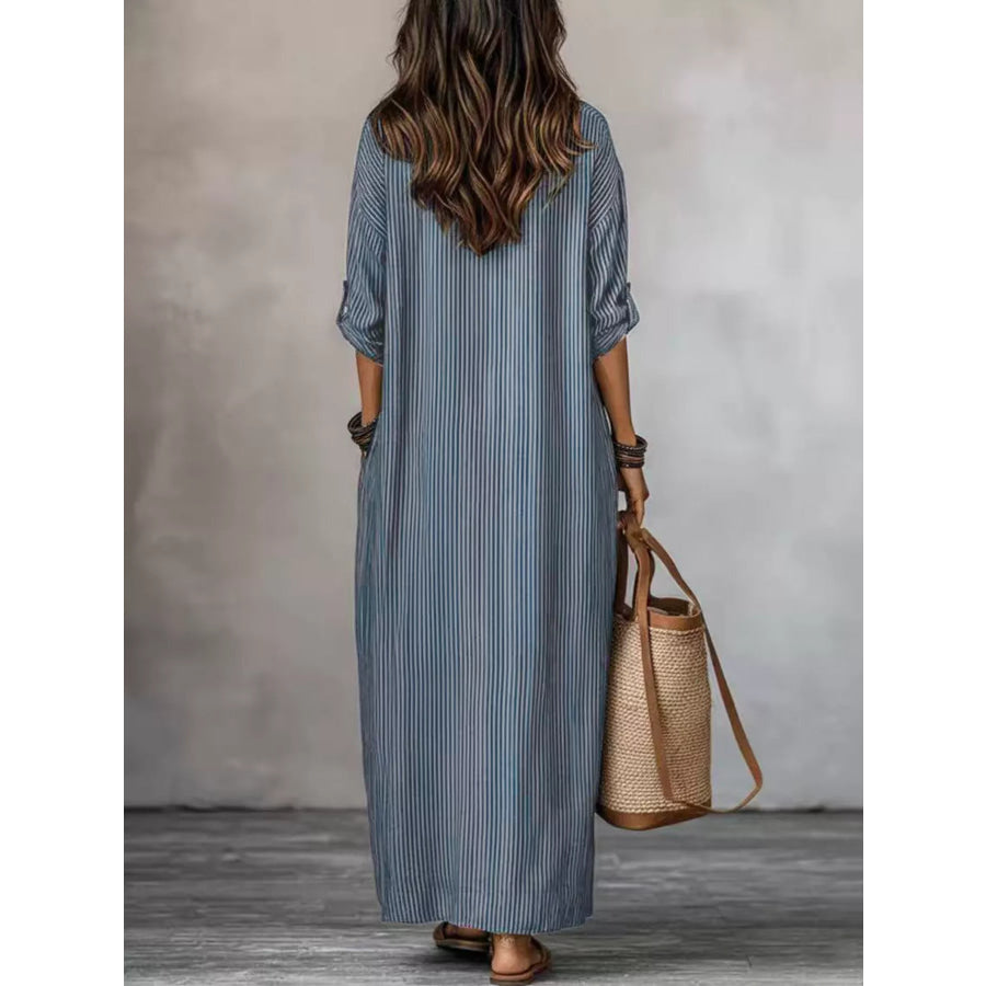 Full Size Striped Notched Maxi Dress with Pockets Plus Size Apparel and Accessories