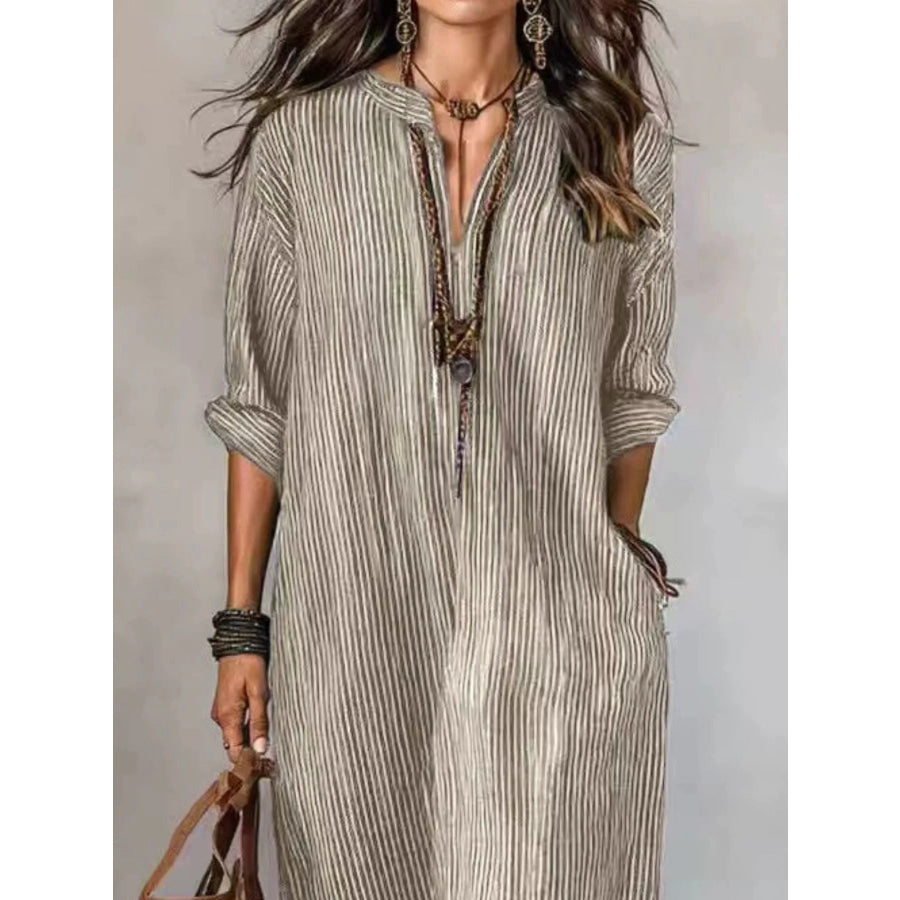 Full Size Striped Notched Maxi Dress with Pockets Plus Size Apparel and Accessories