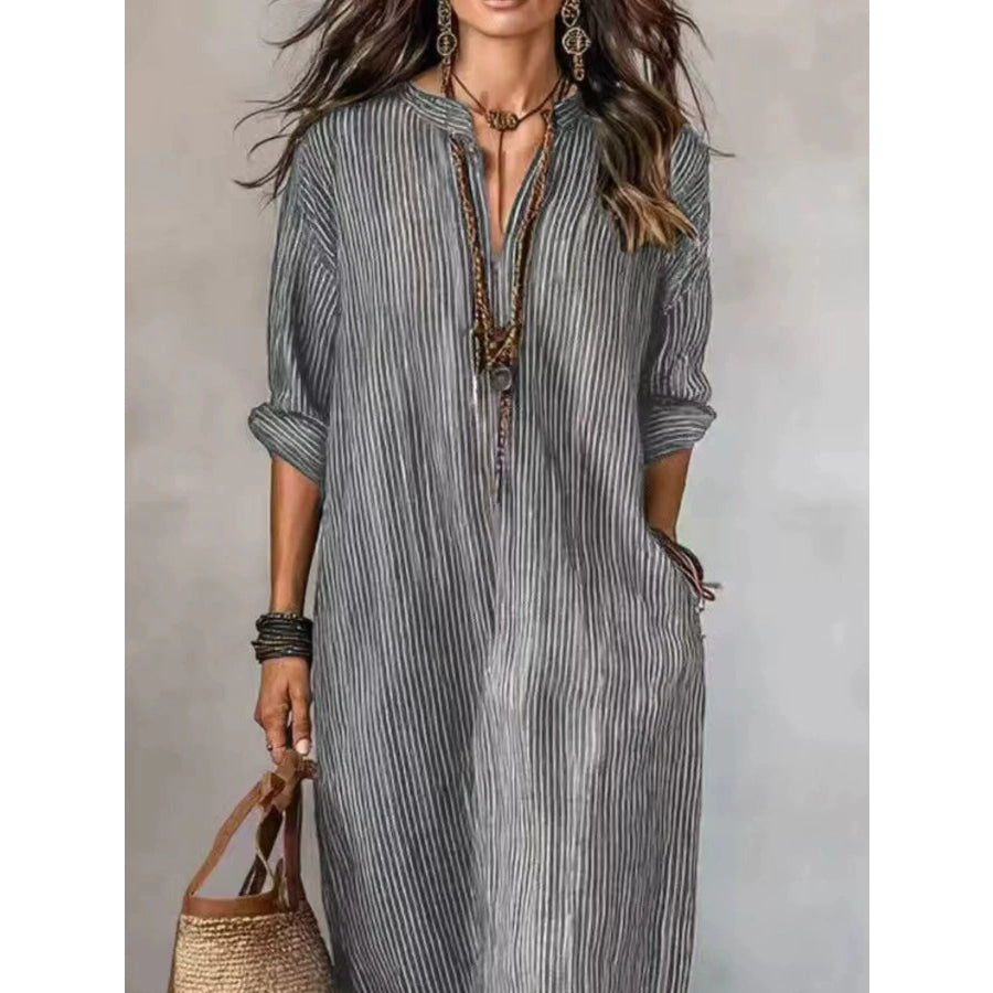 Full Size Striped Notched Maxi Dress with Pockets Plus Size Apparel and Accessories