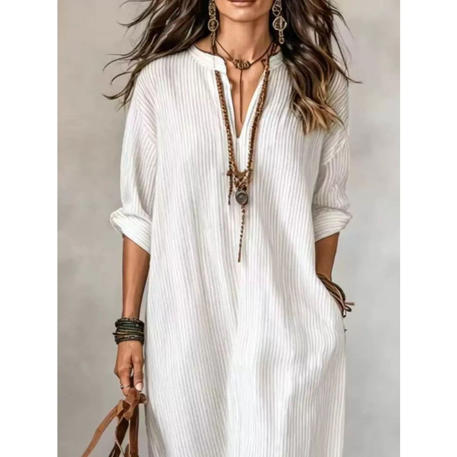 Full Size Striped Notched Maxi Dress with Pockets Plus Size Apparel and Accessories