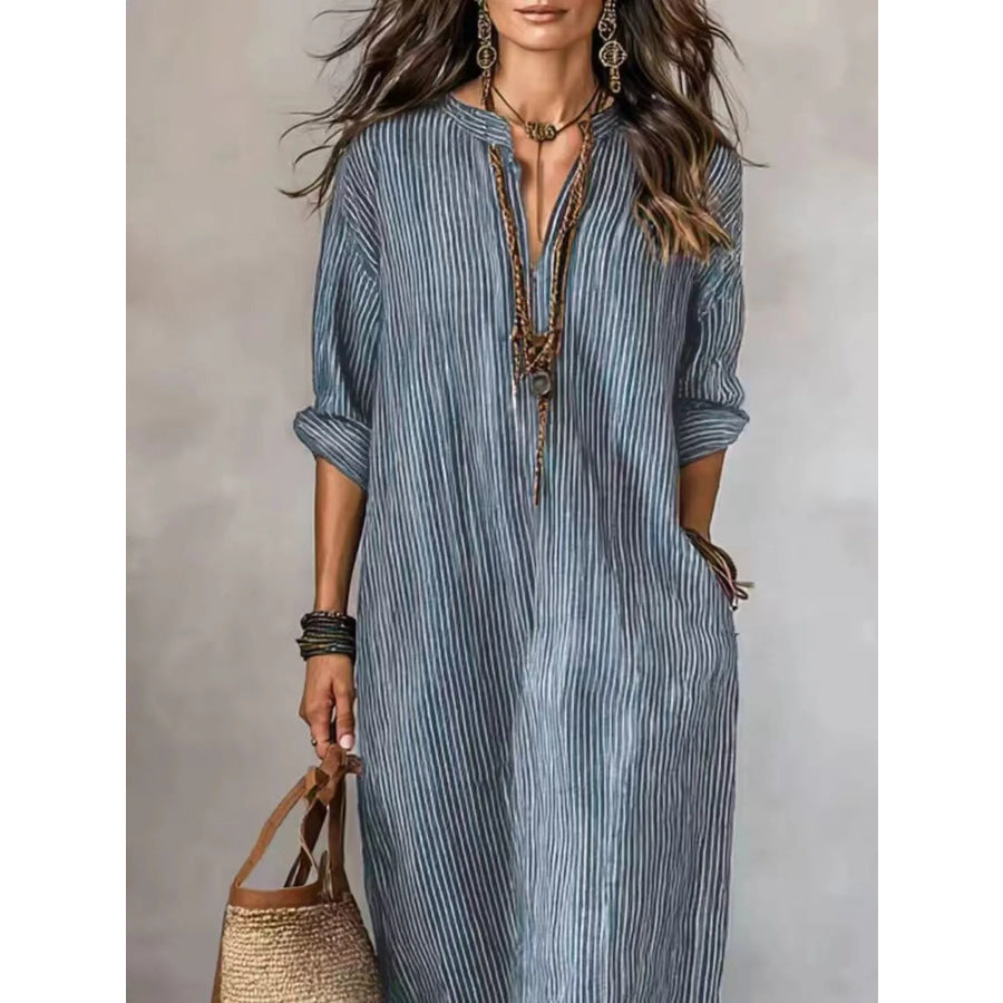Full Size Striped Notched Maxi Dress with Pockets Plus Size Apparel and Accessories