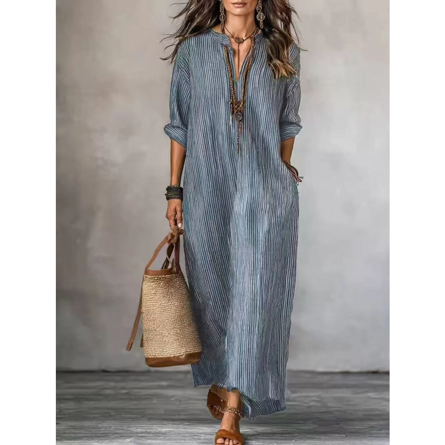 Full Size Striped Notched Maxi Dress with Pockets Plus Size Blue / S Apparel and Accessories