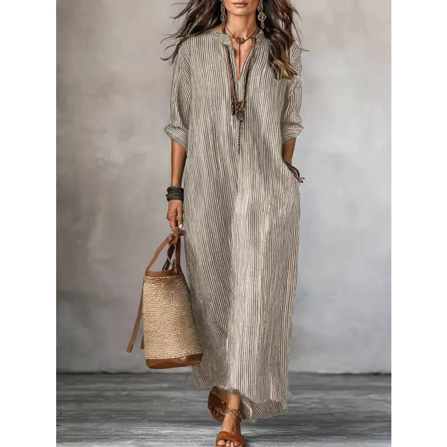 Full Size Striped Notched Maxi Dress with Pockets Plus Size Camel / S Apparel and Accessories