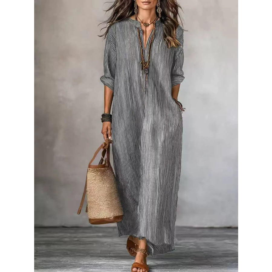 Full Size Striped Notched Maxi Dress with Pockets Plus Size Dark Gray / S Apparel and Accessories