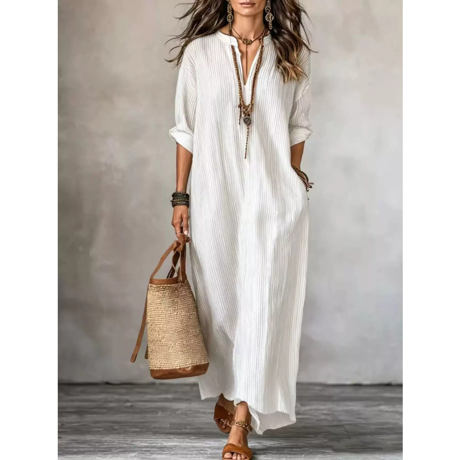 Full Size Striped Notched Maxi Dress with Pockets Plus Size White / S Apparel and Accessories