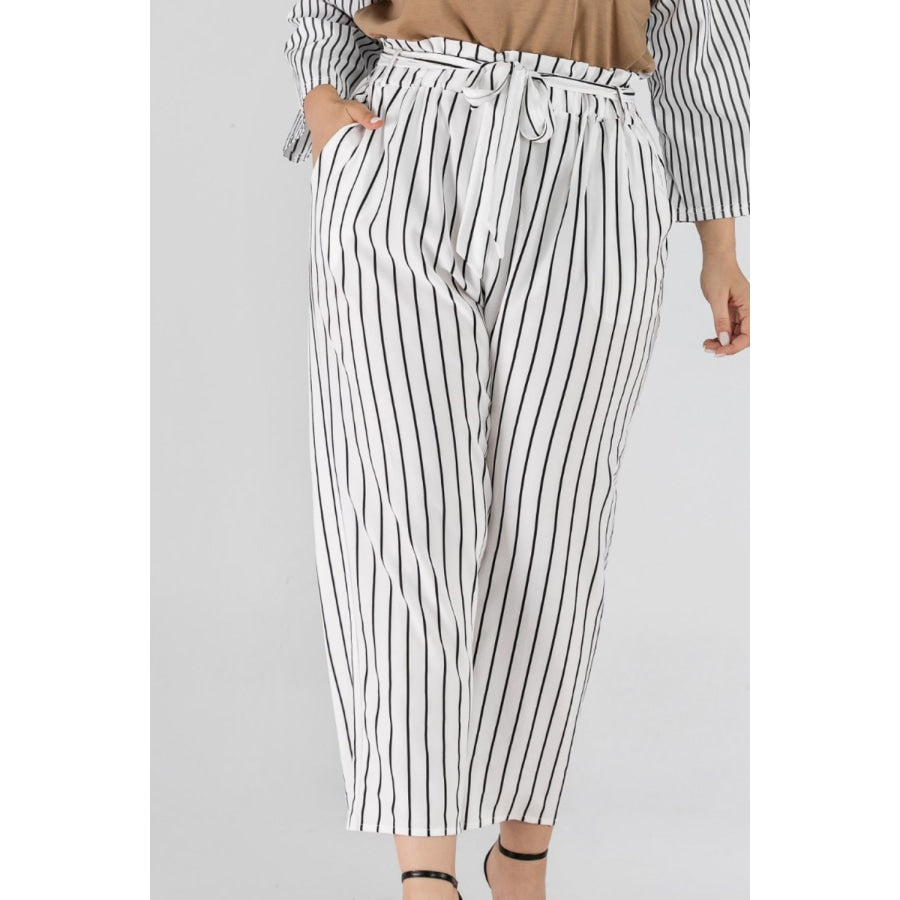 Full Size Striped Paperbag Waist Cropped Pants