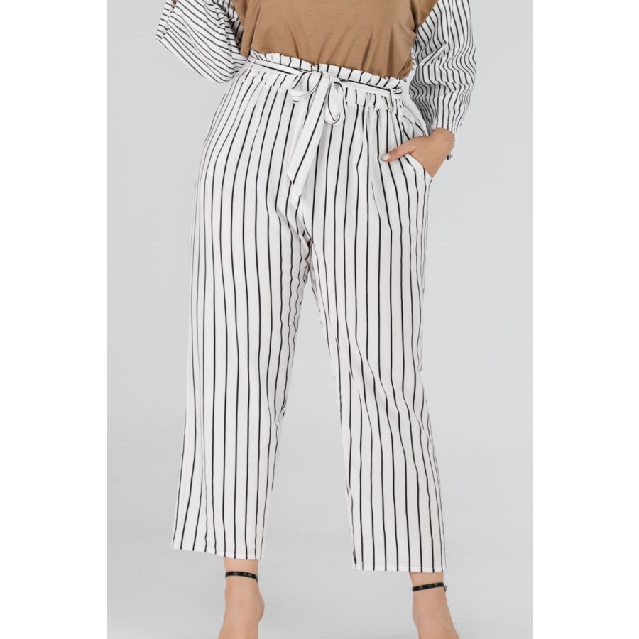 Full Size Striped Paperbag Waist Cropped Pants