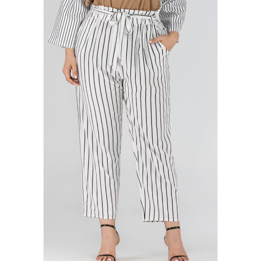 Full Size Striped Paperbag Waist Cropped Pants White / S