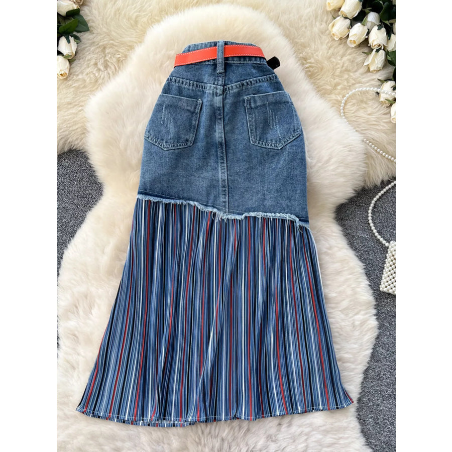 Full Size Striped Patchwork Denim Skirt Plus Size Blue / S Apparel and Accessories