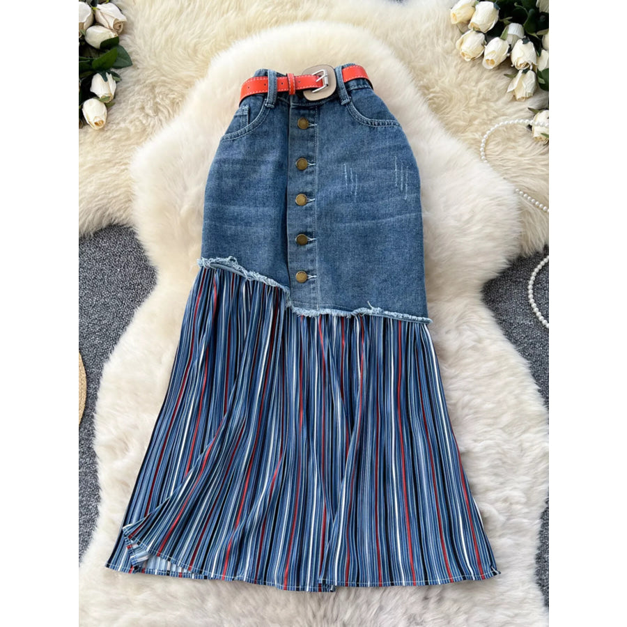Full Size Striped Patchwork Denim Skirt Plus Size Blue / S Apparel and Accessories