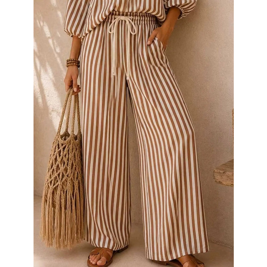 Full Size Striped Puff Sleeve Shirt and Wide-Leg Drawstring Pants Set Plus Size Apparel and Accessories