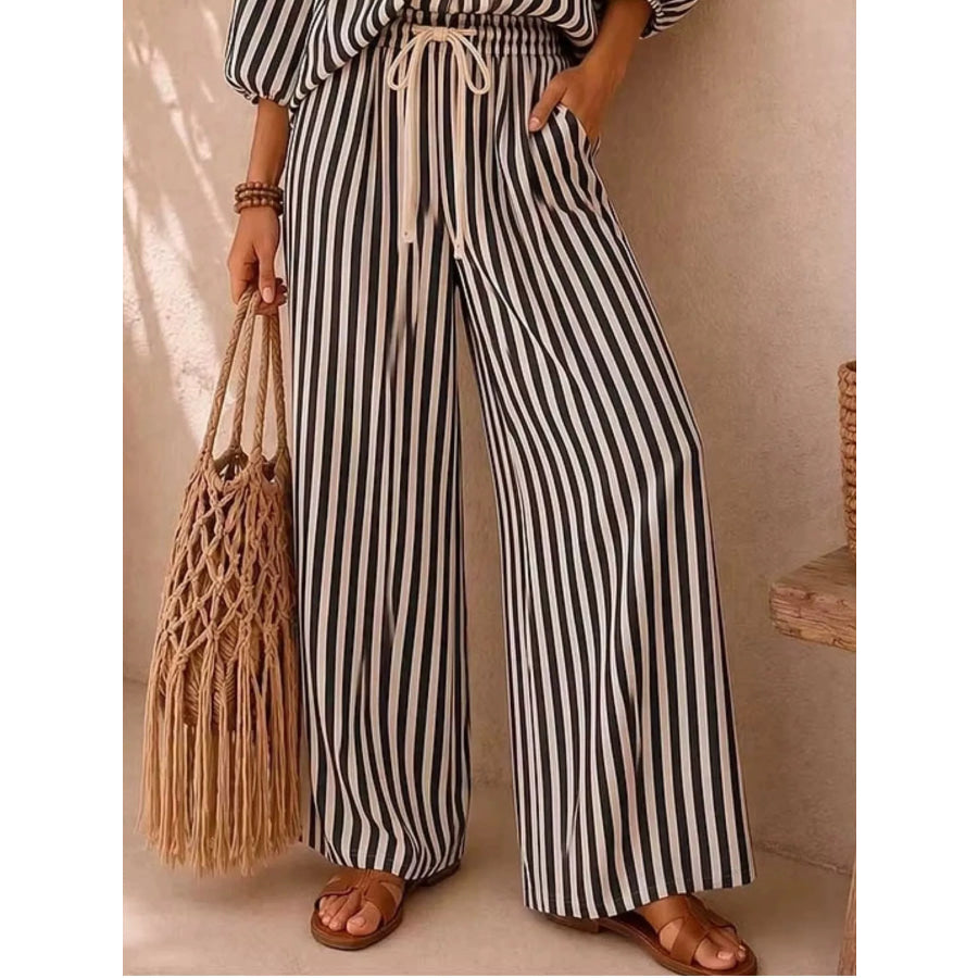 Full Size Striped Puff Sleeve Shirt and Wide-Leg Drawstring Pants Set Plus Size Apparel and Accessories