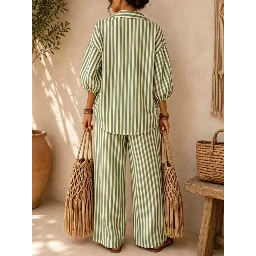 Full Size Striped Puff Sleeve Shirt and Wide-Leg Drawstring Pants Set Plus Size Apparel and Accessories