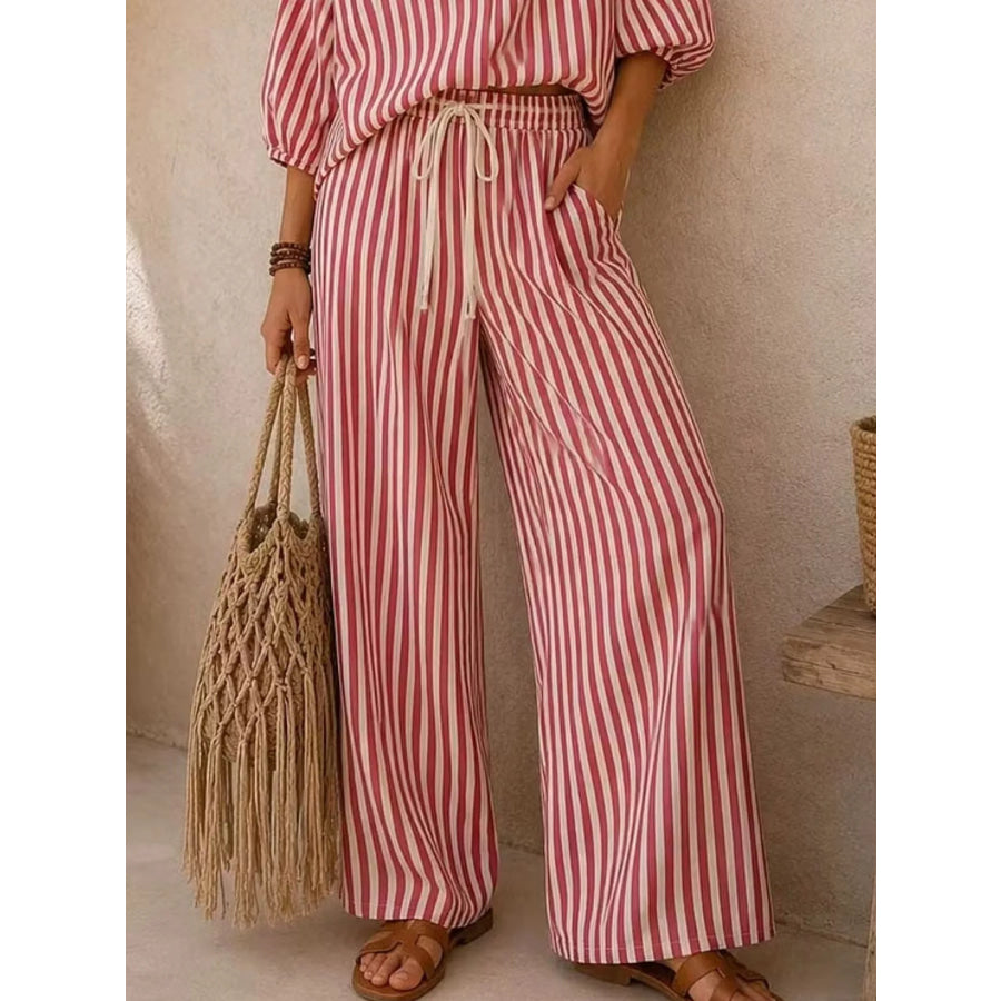 Full Size Striped Puff Sleeve Shirt and Wide-Leg Drawstring Pants Set Plus Size Apparel and Accessories