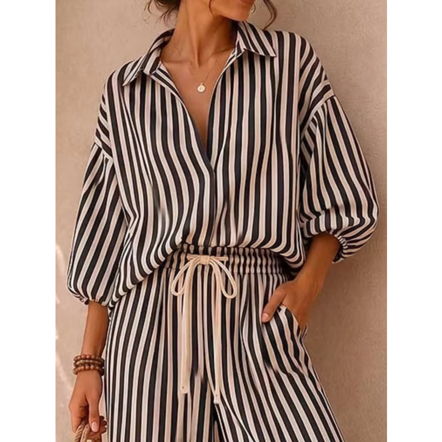 Full Size Striped Puff Sleeve Shirt and Wide-Leg Drawstring Pants Set Plus Size Apparel and Accessories