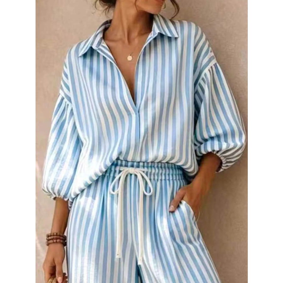 Full Size Striped Puff Sleeve Shirt and Wide-Leg Drawstring Pants Set Plus Size Apparel and Accessories