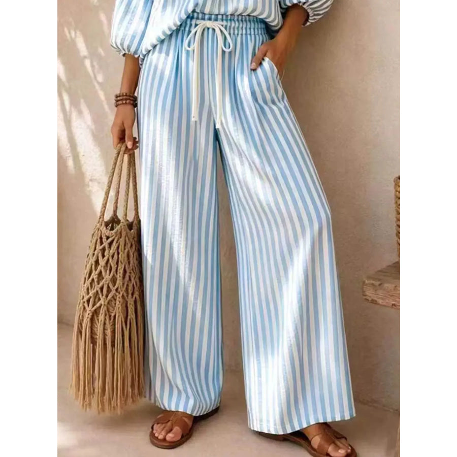 Full Size Striped Puff Sleeve Shirt and Wide-Leg Drawstring Pants Set Plus Size Apparel and Accessories