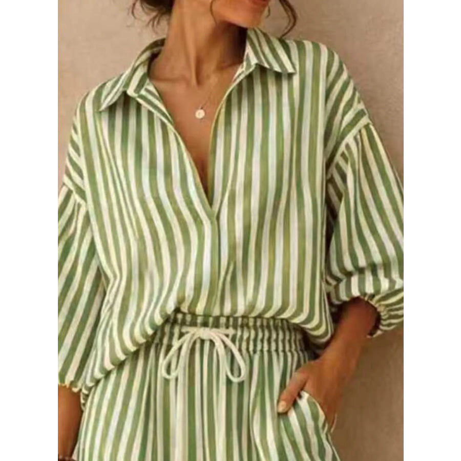 Full Size Striped Puff Sleeve Shirt and Wide-Leg Drawstring Pants Set Plus Size Apparel and Accessories