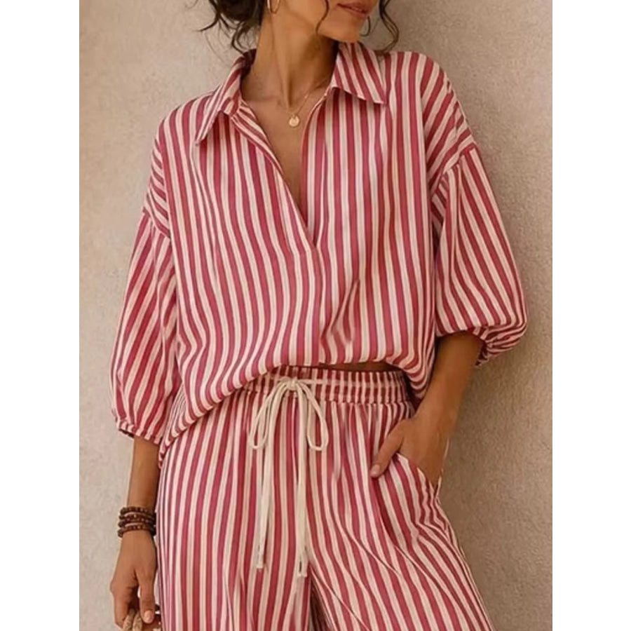 Full Size Striped Puff Sleeve Shirt and Wide-Leg Drawstring Pants Set Plus Size Apparel and Accessories