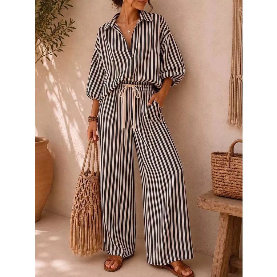 Full Size Striped Puff Sleeve Shirt and Wide-Leg Drawstring Pants Set Plus Size Black / S Apparel and Accessories