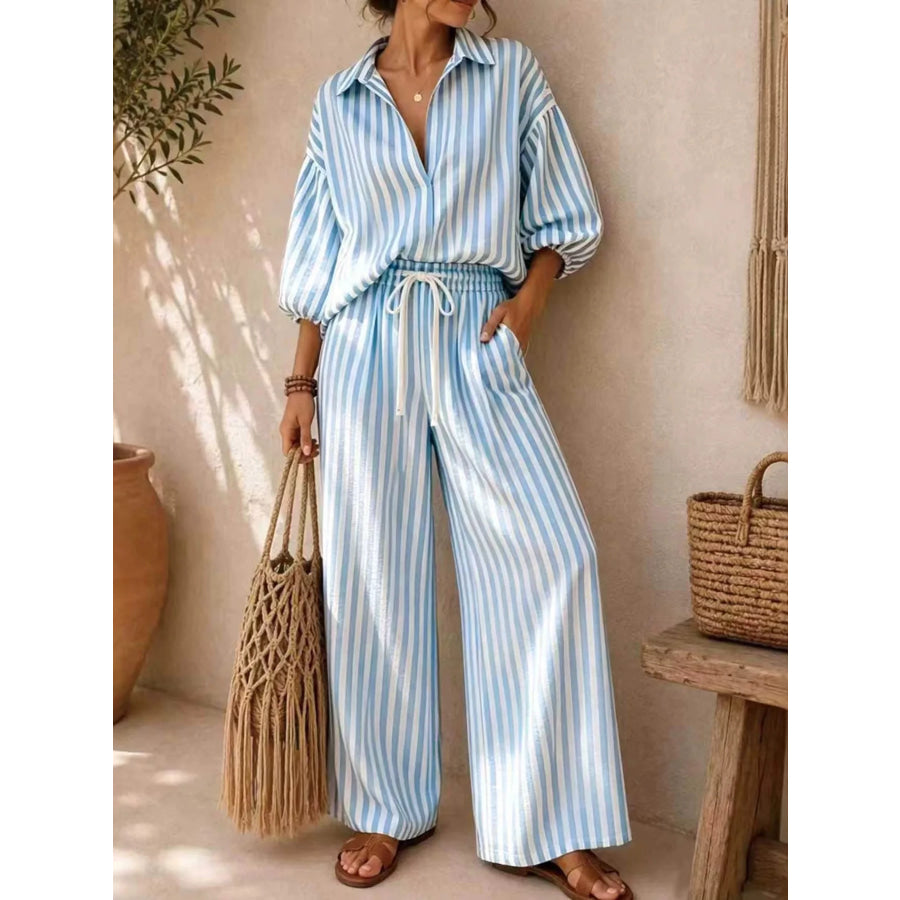 Full Size Striped Puff Sleeve Shirt and Wide-Leg Drawstring Pants Set Plus Size Light Blue / S Apparel and Accessories