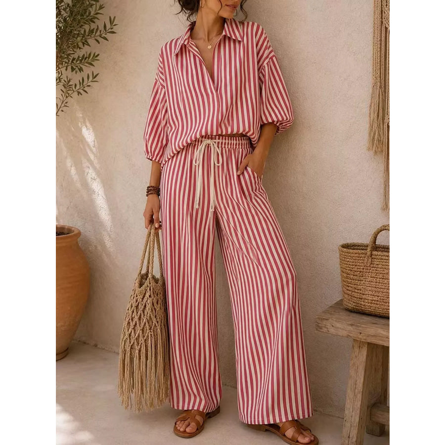 Full Size Striped Puff Sleeve Shirt and Wide-Leg Drawstring Pants Set Plus Size Red / S Apparel and Accessories