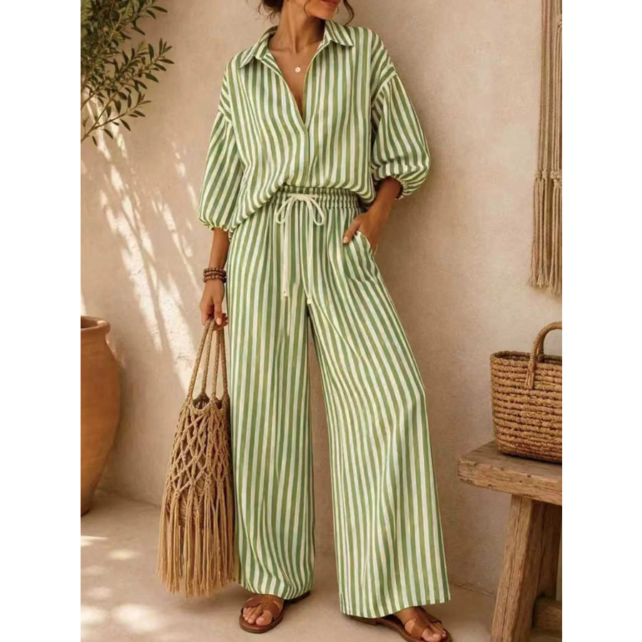 Full Size Striped Puff Sleeve Shirt and Wide-Leg Drawstring Pants Set Plus Size Yellow-Green / S Apparel and Accessories