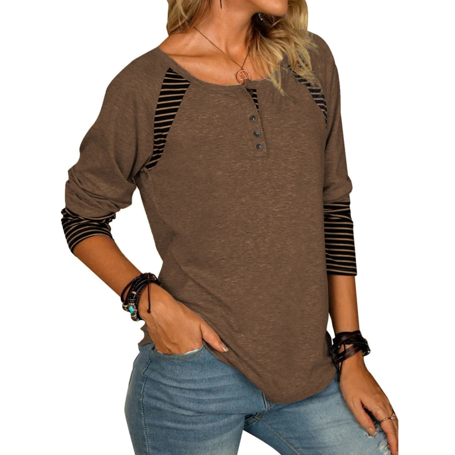 Full Size Striped Quarter Button Long Sleeve T-Shirt Apparel and Accessories