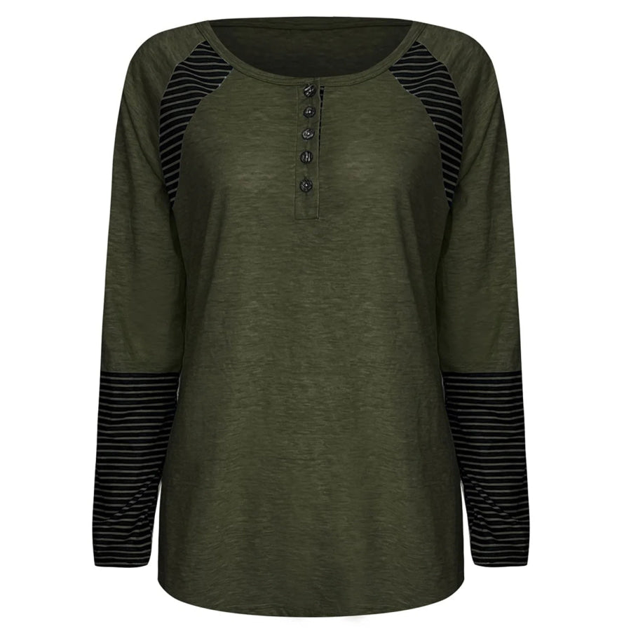 Full Size Striped Quarter Button Long Sleeve T-Shirt Apparel and Accessories