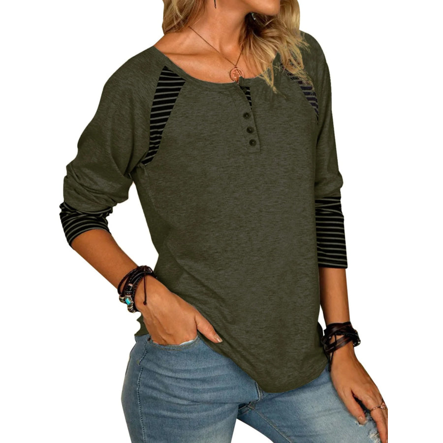 Full Size Striped Quarter Button Long Sleeve T-Shirt Apparel and Accessories