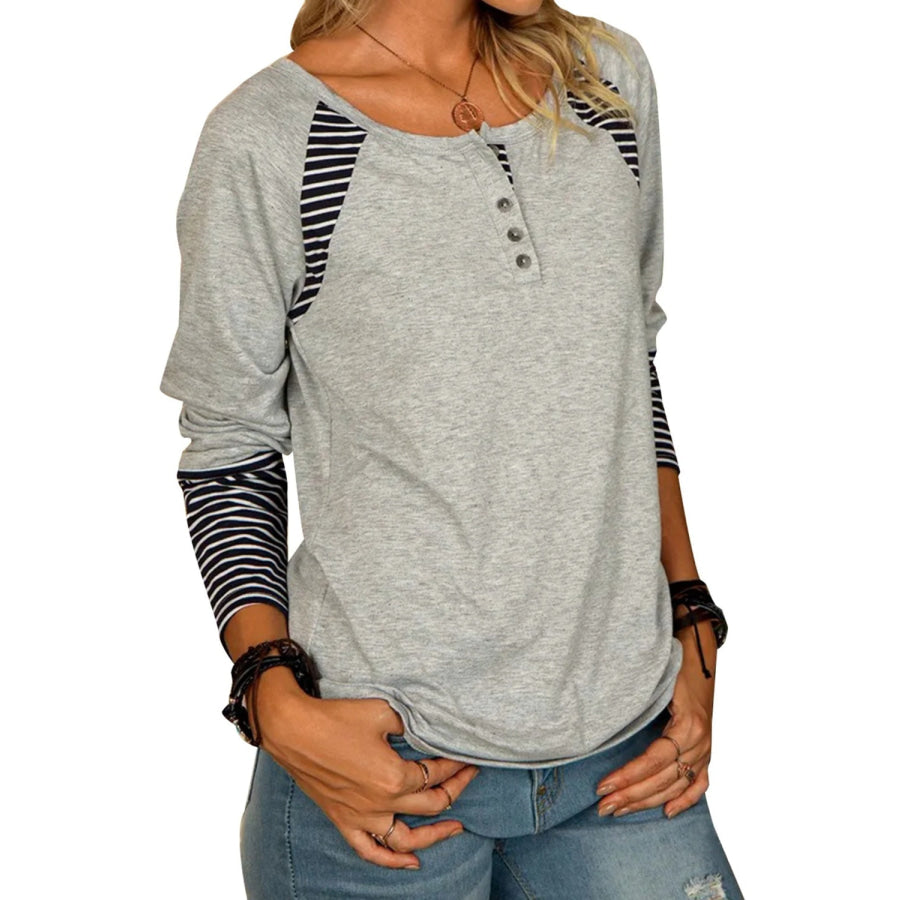 Full Size Striped Quarter Button Long Sleeve T-Shirt Gray / S Apparel and Accessories