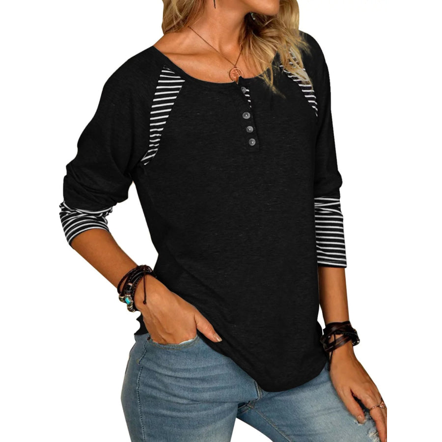 Full Size Striped Quarter Button Long Sleeve T-Shirt Apparel and Accessories