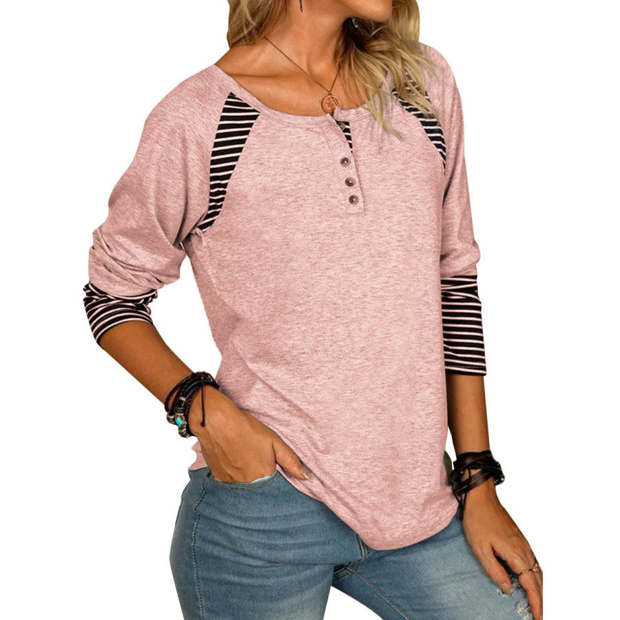 Full Size Striped Quarter Button Long Sleeve T-Shirt Apparel and Accessories