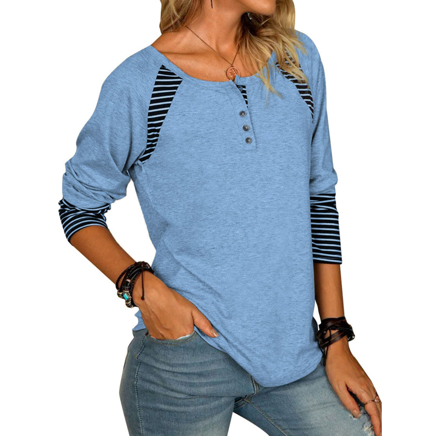 Full Size Striped Quarter Button Long Sleeve T-Shirt Apparel and Accessories